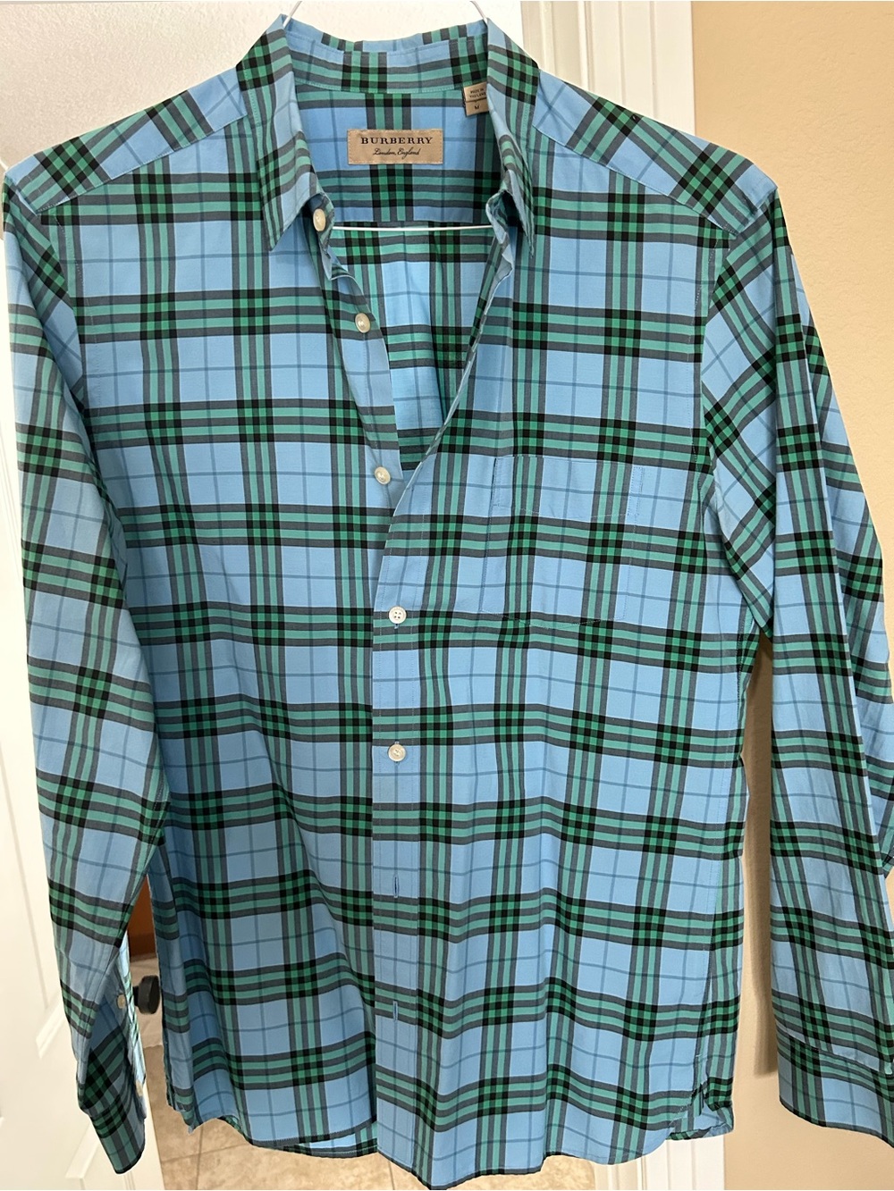 Burberry Light Blue & Green Plaid Cotton Button-Down Shirt